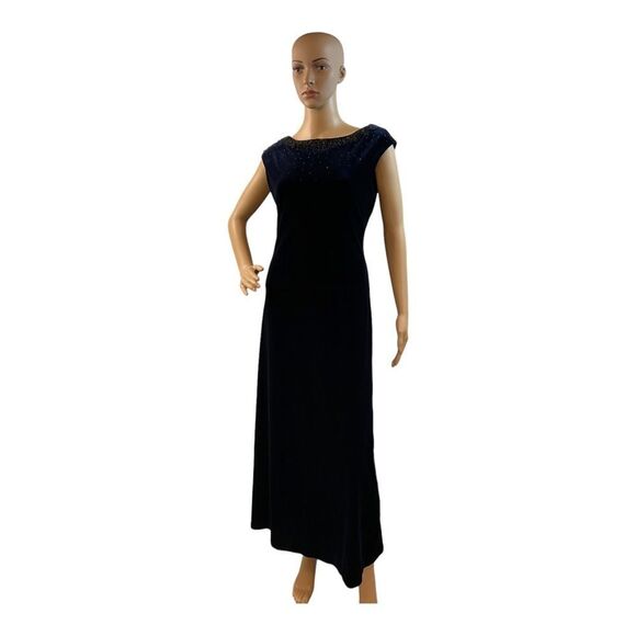 VTG Crimson Lawrence Kurtz Navy Blue Stretchy Beaded Velour Maxi Dress Sz 10 - Picture 1 of 12